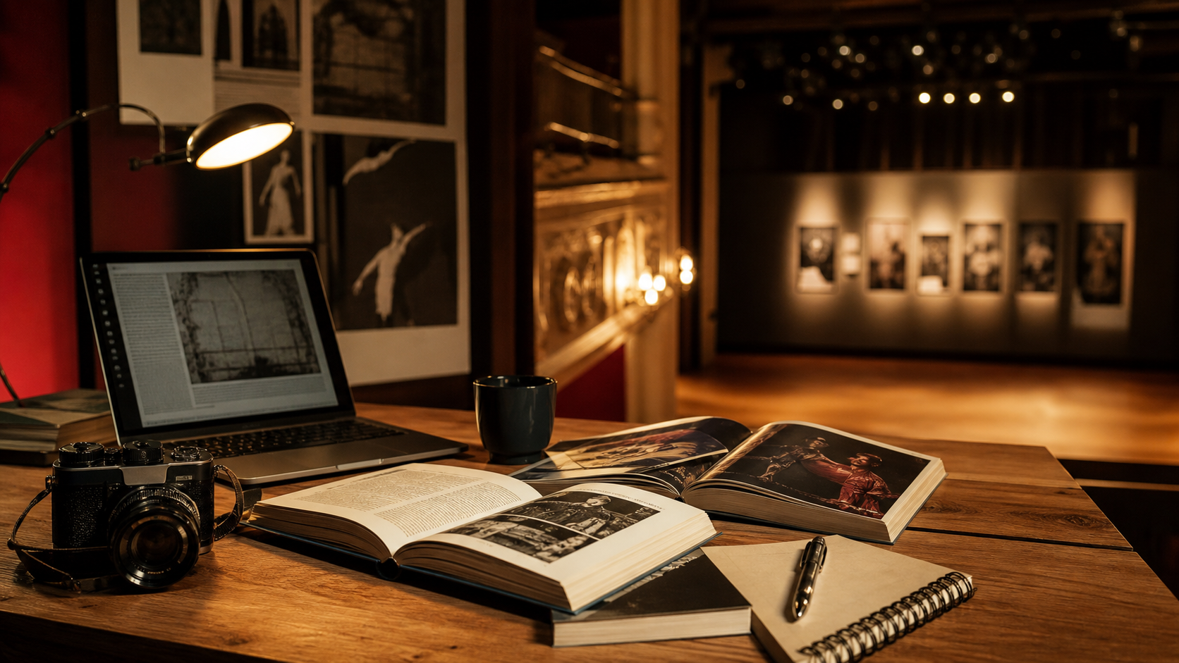 Mesa editorial com livros, câmera, caderno e atmosfera de teatro