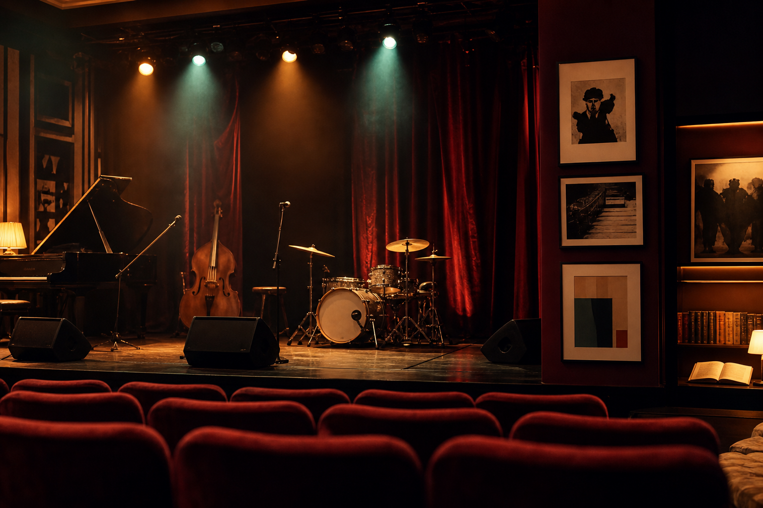 Palco cultural com luzes e atmosfera de apresentação