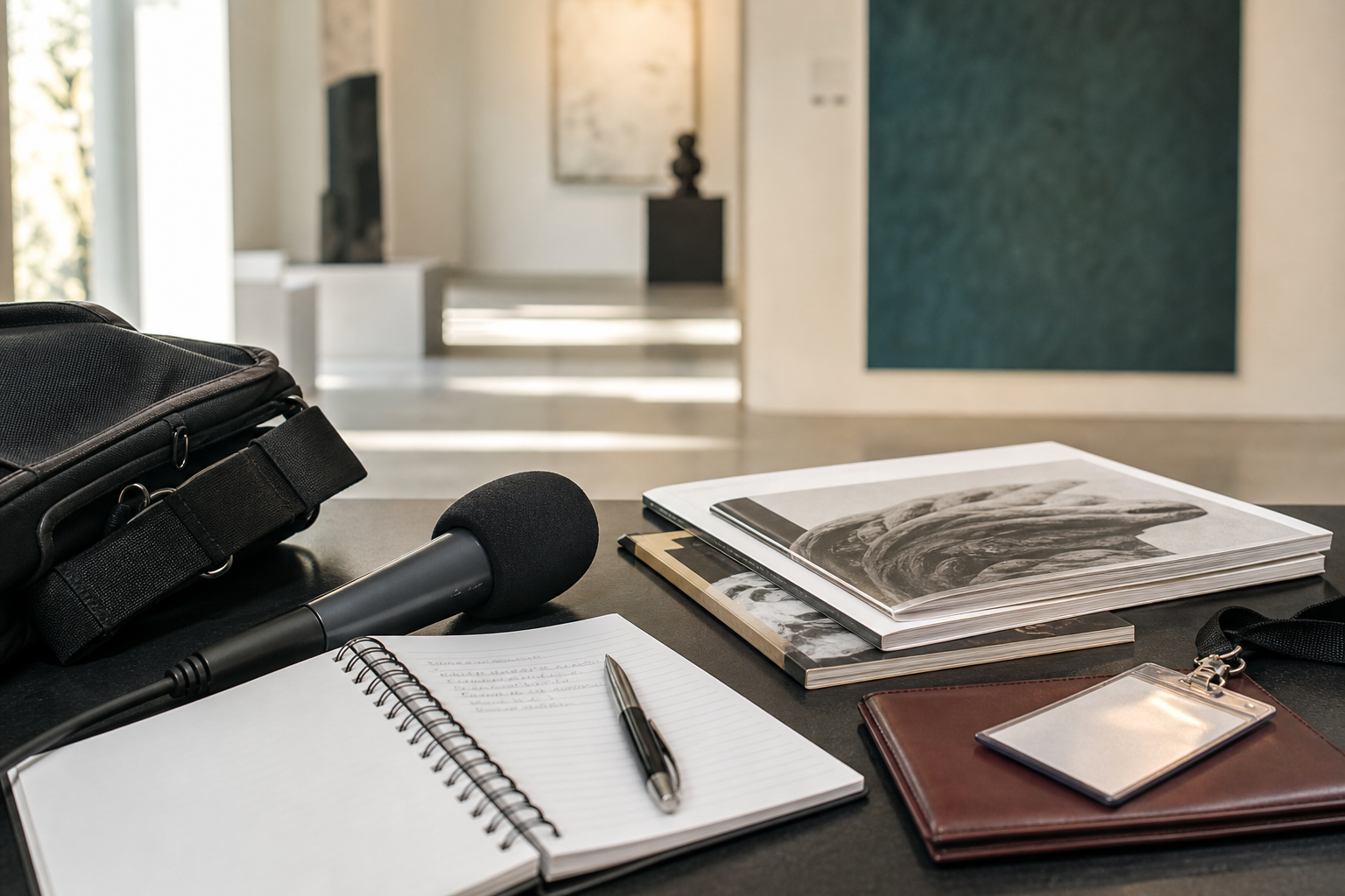 Mesa de reportagem cultural com cadernos, microfone e catálogos